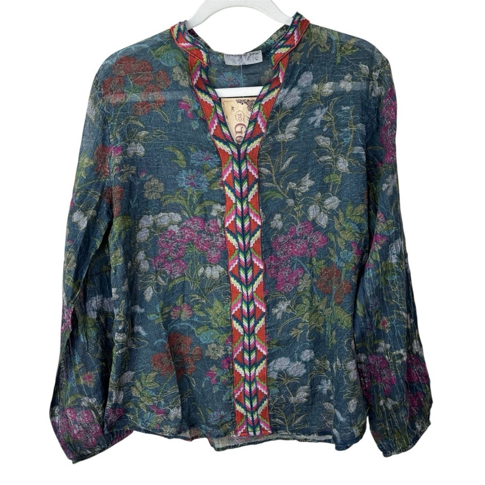 Vintage Goa Embroidered Boho Floral Sheer Long Sleeve Blouse Women’s Size L NWT
